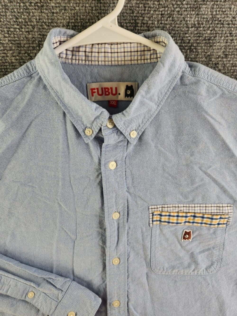 Fubu OCBD Oxford Shirt Blue Pocket Logo 2XL Long Sleeve Button Up Shirt Adult